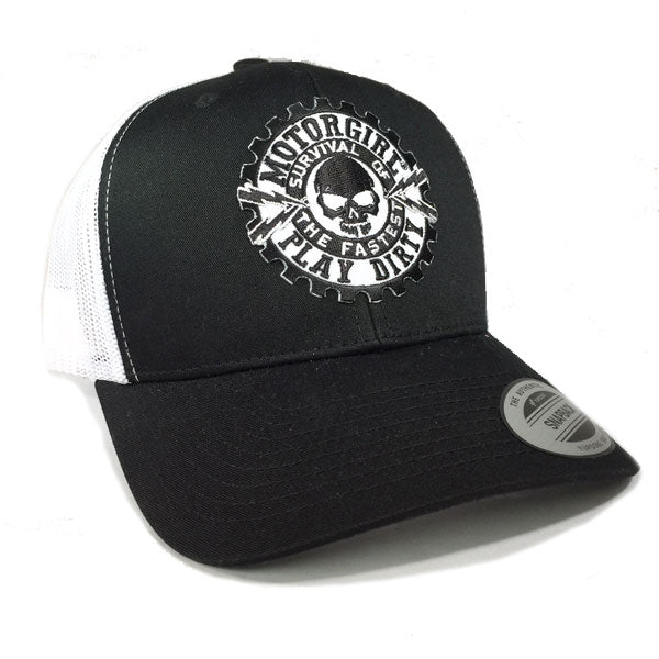 PLAY DIRTY - SNAP BACK CURVED BILL TRUCKER HAT - WHITE / BLACK - MOTORGIRL - MotorCult